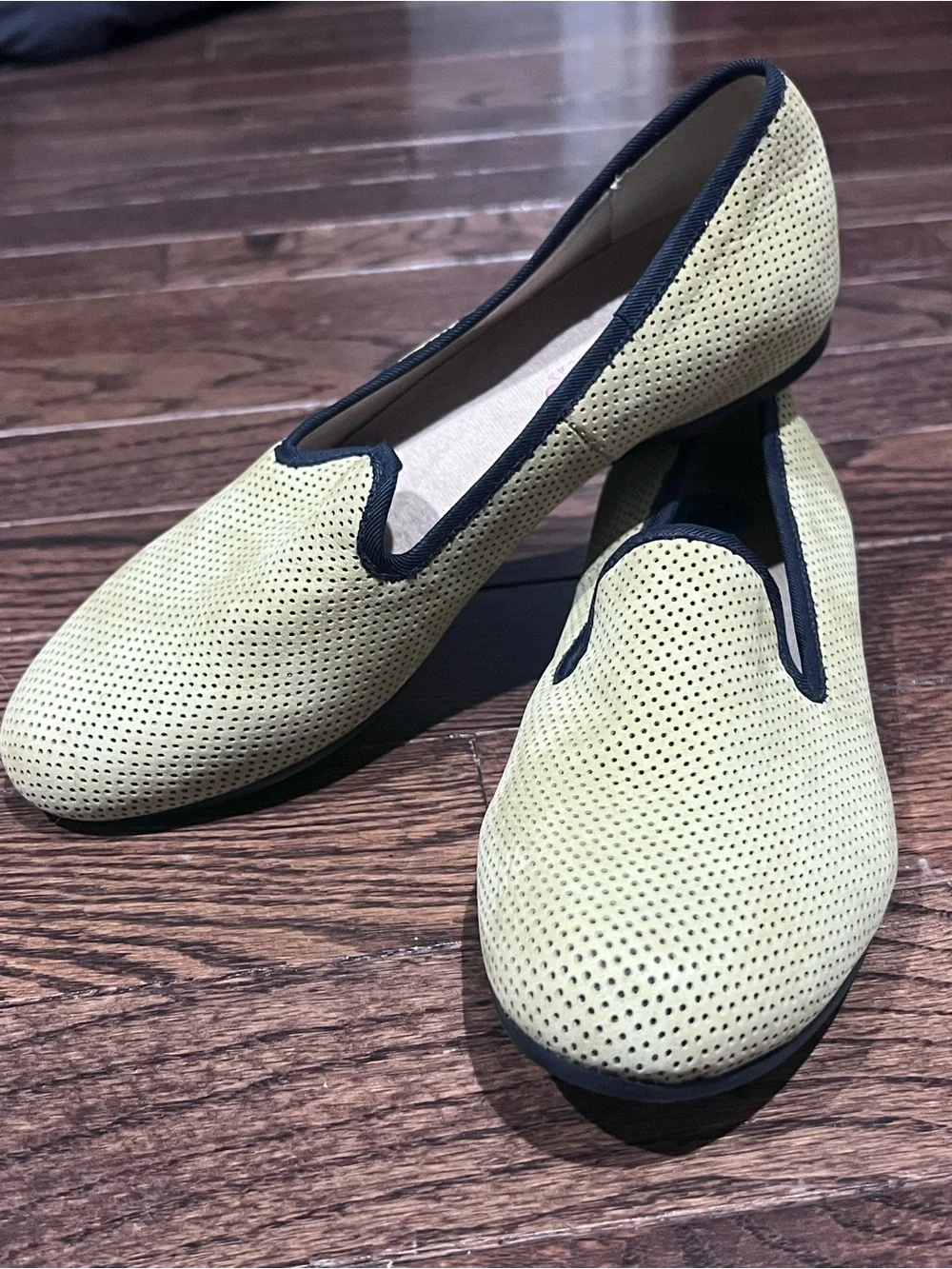 Munro Perforated leather olive green Slip-On Flats with Black Trim